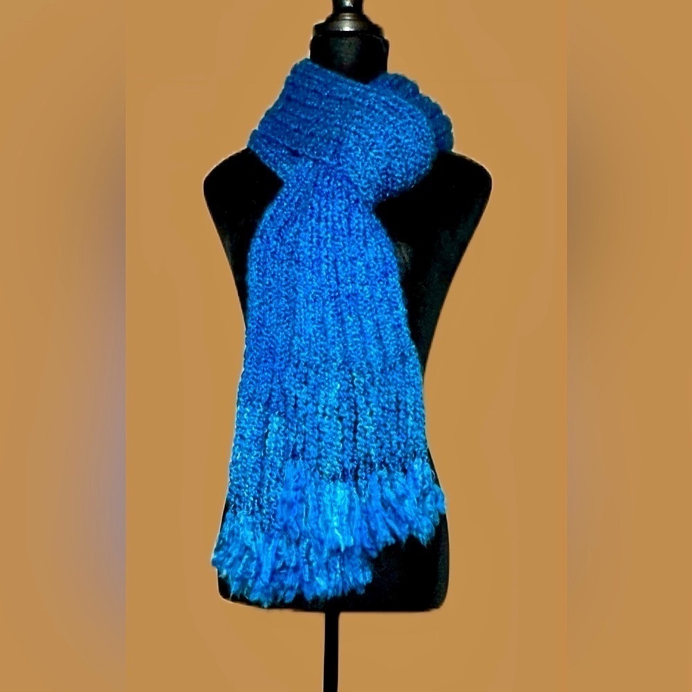 NEW Boutique Hand-Knitted Chunky Blue Scarf with Tasseled Fringe